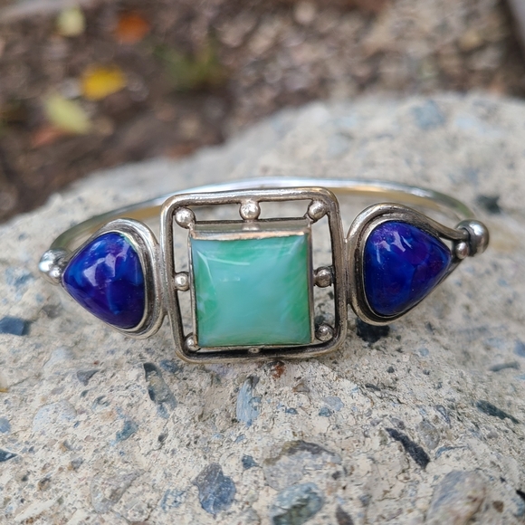 Vintage Silver Lapis Lazuli Turquoise Bangle Bracelet - Picture 2 of 7